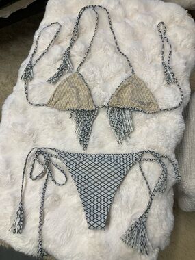 acacia swimwear Beige and Navy Fringe Triangle Bikini Set